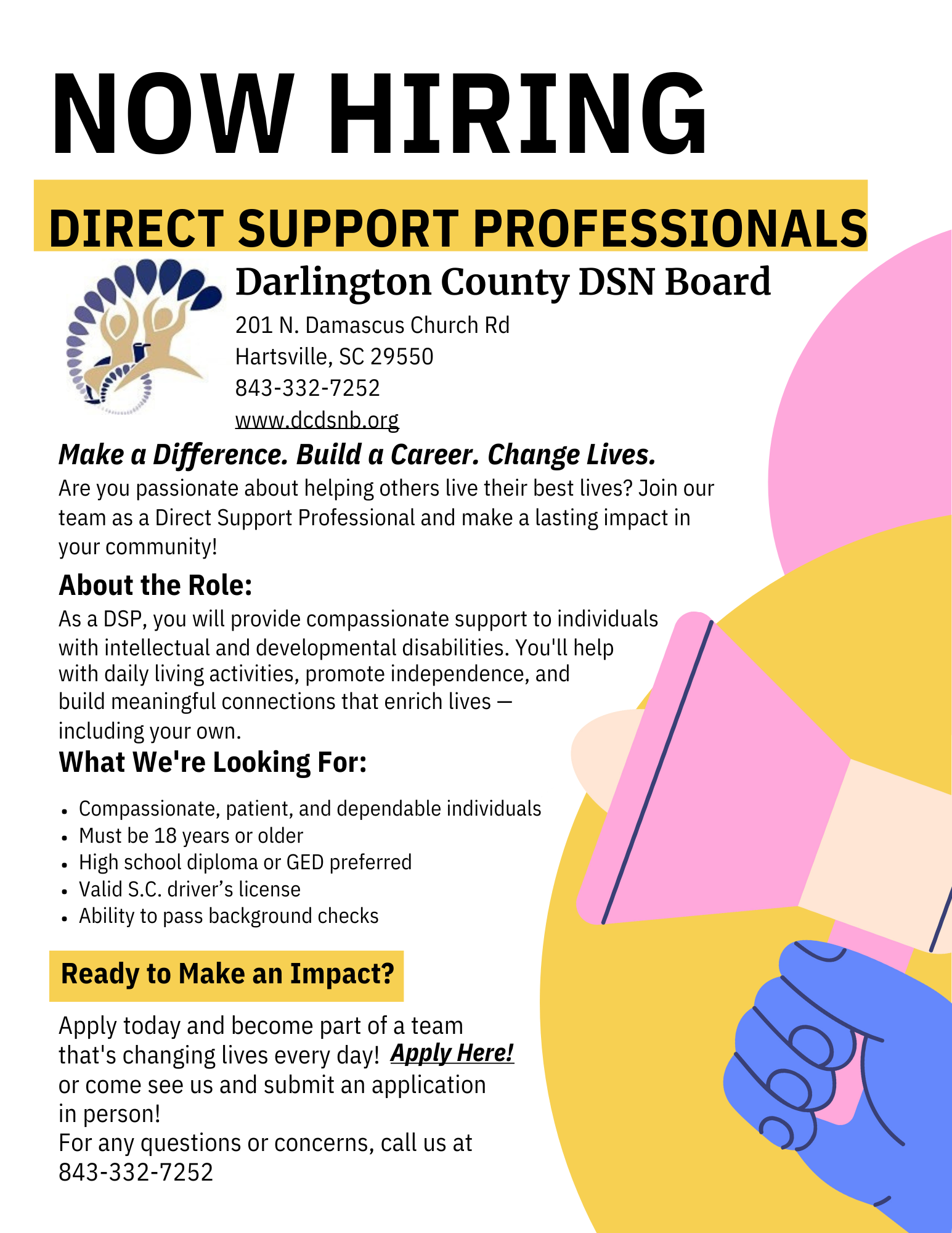 Now Hiring Ad.pdf A Now Hiring flyer for Direct Support Professionals at Darlington County DSN Board, featured in darlington area job postings, with application details included.